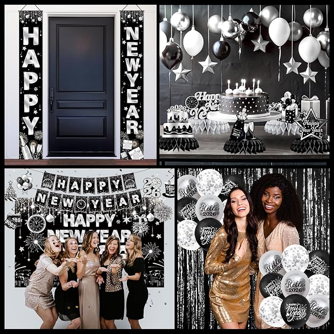 New Years Decorations 2026,Happy New Years Eve Party Supplies Black and Silver Nye Party Decorations With Backdrop Door Banner Hanging Swirls Honeycomb Balloon