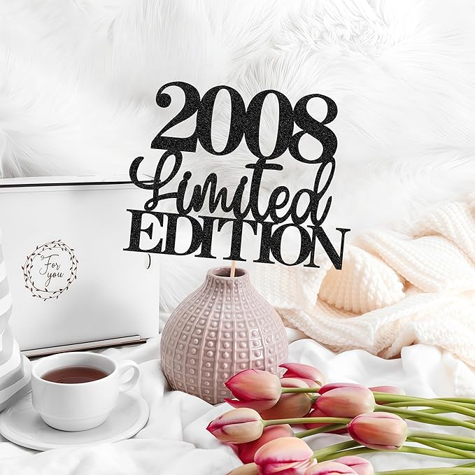 Limited EDITION 2008 Cake Topper - Black Glitter Happy 17th Birthday Party Cake Decoration Supplies, Cheer to 17 Years Cake Bunting Decor for 17th Birthday Party Photo Booth Props