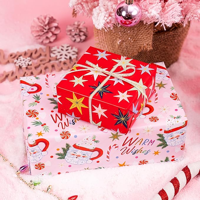 WRAPAHOLIC 30 Inch Christmas Wrapping Paper Roll - Jumbo Roll Red and Pink Santa Claus Cup, Christmas Tree Holiday Design - 4 Rolls - 30 Inch x 120 Inch Per Roll