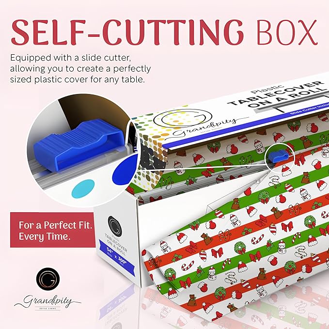 Grandipity Plastic Tablecloth Roll - 54in x 300 Ft. Christmas Plastic Table Cloths for Parties Disposable with Cutter Box - Cut to Size Disposable Tablecloth Table Cover for Rectangle & Round