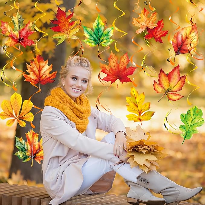 30Pcs Fall Maple Leaf Hanging Swirls, Thanksgiving Ceiling Hanging Decorations Fall Leaves Swirls Streamers for Thanksgiving Autumn Harvest Party Supplies