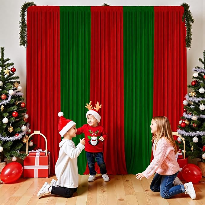 Christmas Backdrop Curtain - 10×7ft Red & Green Holiday Party Background Decor for Xmas Tree Photos, Home Festive Wall, Mall Santa Booth, Reusable Winter Celebration Decoration for Families