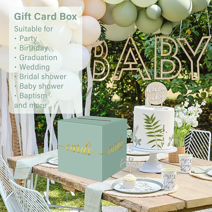 1 Pack Sage Green and Gold Foil Card Box for Party, 8.7" Sage Green Gift Card Box Money Box for Birthday, Wedding, Baby Shower, Retirement, Anniversary, Bridal Shower, Raffle Ticket