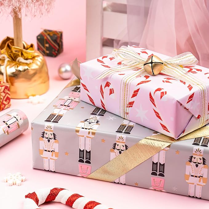 WRAPAHOLIC Reversible Nutcracker Christmas Wrapping Paper - Mini Roll - 17 Inch x 33 Feet - Nutcracker and Candy Cane Design Printed on Pearlized Paper for Chrsitmas, Holiday, Party Celebration