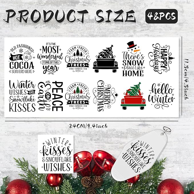 UV DTF Keychain Sticker,48 Sheets Christmas Quotes Waterproof Graphic Transfer Stickers, Perfect for Decorating Motel and Hotel Keychains
