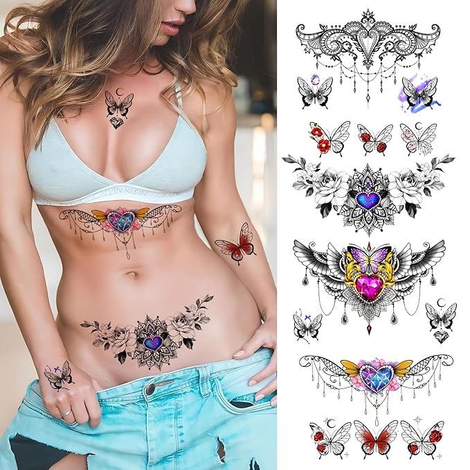 ROARHOWL Women Sexy Temporary Tattoo Sexy Tattoo Set Beautiful Exquisite 3D Realistic Flowers, Butterfly, Abdominate, Chest, Waist and Back Applied Fake Tattoo for Girls ((Design 1))