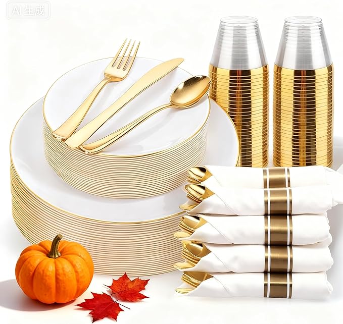 KIRE 175PCS Gold Plates Disposable - Heavy Duty White and Gold Plastic Plates Dinnerware Sets - 25 for Dinner 25 for Dessert 25 Pre Rolled Napkins and 25 Cups for Birthday/Thanksgiving Party/Wedding