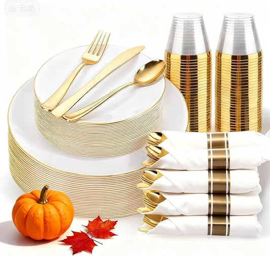 KIRE 175PCS Gold Plates Disposable - Heavy Duty White and Gold Plastic Plates Dinnerware Sets - 25 for Dinner 25 for Dessert 25 Pre Rolled Napkins and 25 Cups for Birthday/Thanksgiving Party/Wedding
