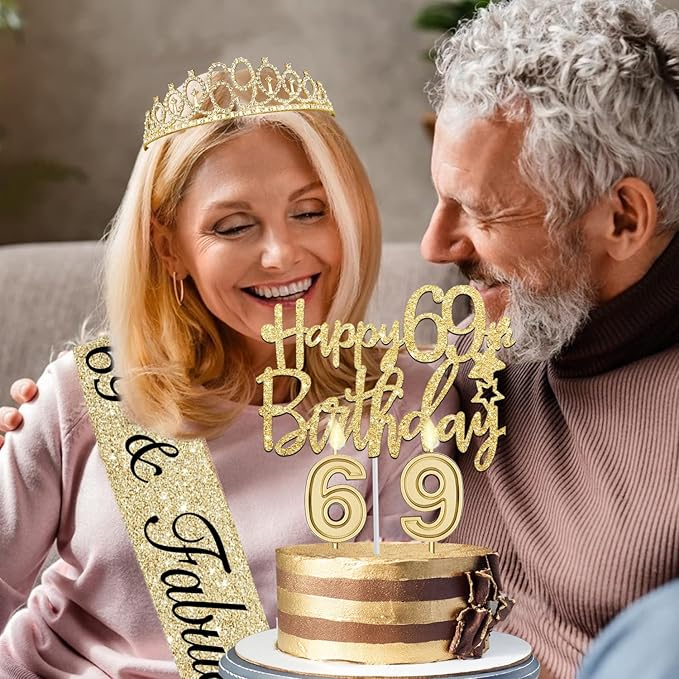69th Birthday Decorations for Women Gold with 69th Birthday Sash and Crown, Cake Topper and Candles, Number Balloons Gold, 69 Year Old Gifts for Women