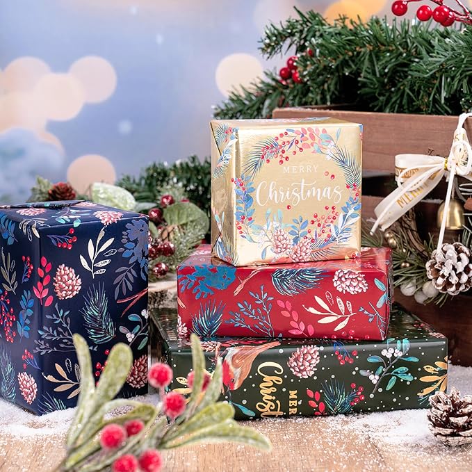 WRAPAHOLIC 30 Inch Christmas Wrapping Paper Roll - Jumbo Roll Red, Green, Gold Bird, Christmas Garland, Holly and Pinecones with Metallic Foil Shine Design - 4 Rolls - 30 Inch x 120 Inch Per Roll
