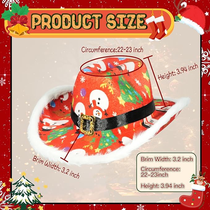 Christmas Cowgirl Santa Hat Wide Brim Felt with Feather and Belt Buckle Cowboy Fedora Hat Featuring Christmas Tree Snowman Reindeer Snowflake Multicolor