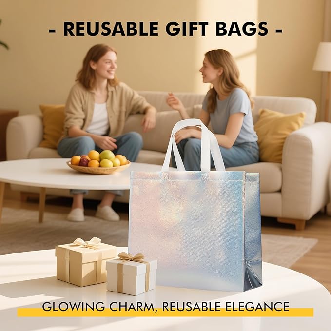 RACETOP 15 Pcs Iridescent Glossy Gift Bags Large Size, 13x5x11 Inch Holographic Reusable Gift Bags with Handles & Sturdy Base, Ideal for Birthday, Wedding, Bachelorette, Party Favors, Holiday Goodie