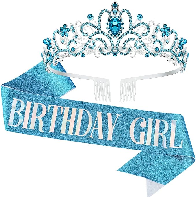VELSCRUN Birthday Tiara & Crown Set - Princess Sash, Happy Birthday Girl Tiara, Party Decorations & Gifts