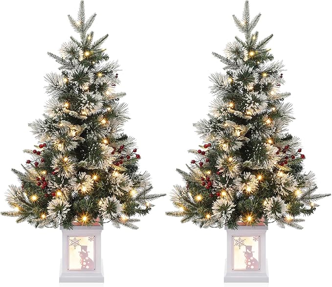 3 ft Mini Christmas Tree with Premium 78 Warm White Led, 8 Mode Xmas Pine Tree for Christmas Decoration, Party Decoration, Home, Office, Snow Flocked White Base 2 Pack