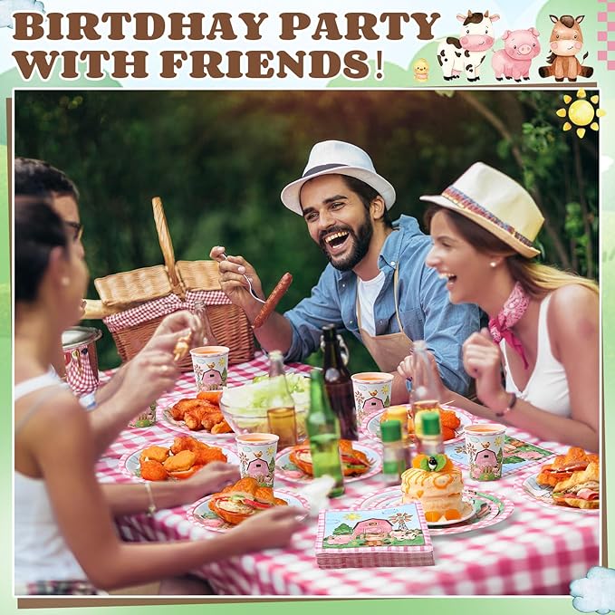 250 Pcs Farm Animals Themed Party Decorations Barn Animal Paper Plates Cups and Napkins Disposable Pink Barnyard Farm Tableware Set for Birthday Baby Shower Party Supplies, Serves 50