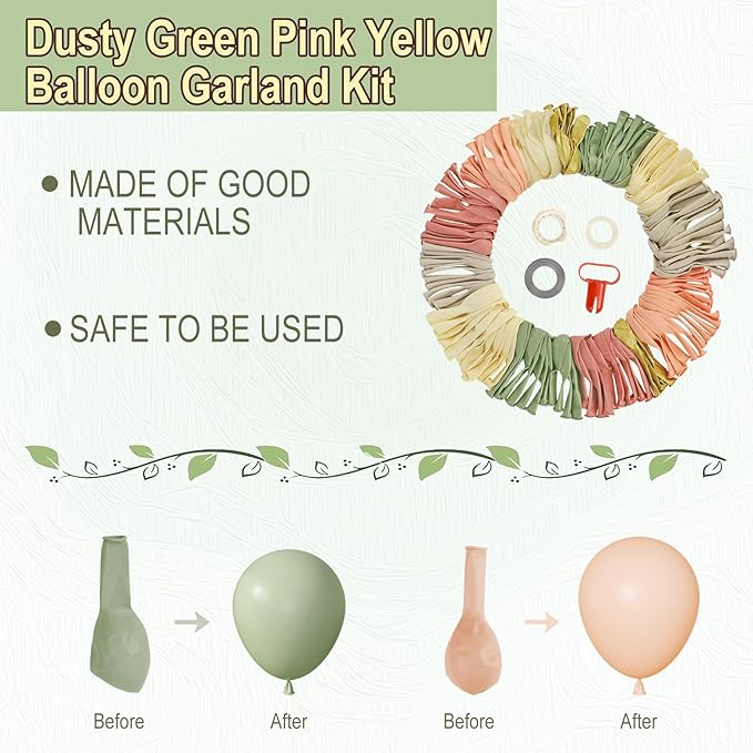 Amandir 173Pcs Dusty Pink Yellow Mist Green Balloon Arch Garland Kit Pastel Peach Mauve Ivory White Sand Confetti Balloons for Fall Bear Baby Shower Summer Birthday Wedding Floral Party Decorations