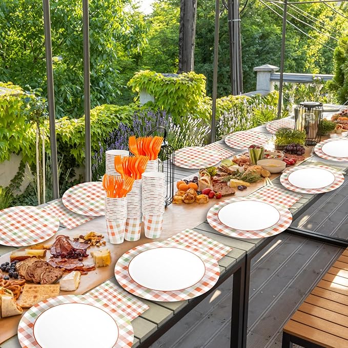 Orange Gingham Plates and Napkins Party Supplies,Orange and White Disposable Tableware Set,Checkeorange Plaid Paper Plates for Birthday Family Dinner Picnic Barbecue Baby Shower Decor Serves 25