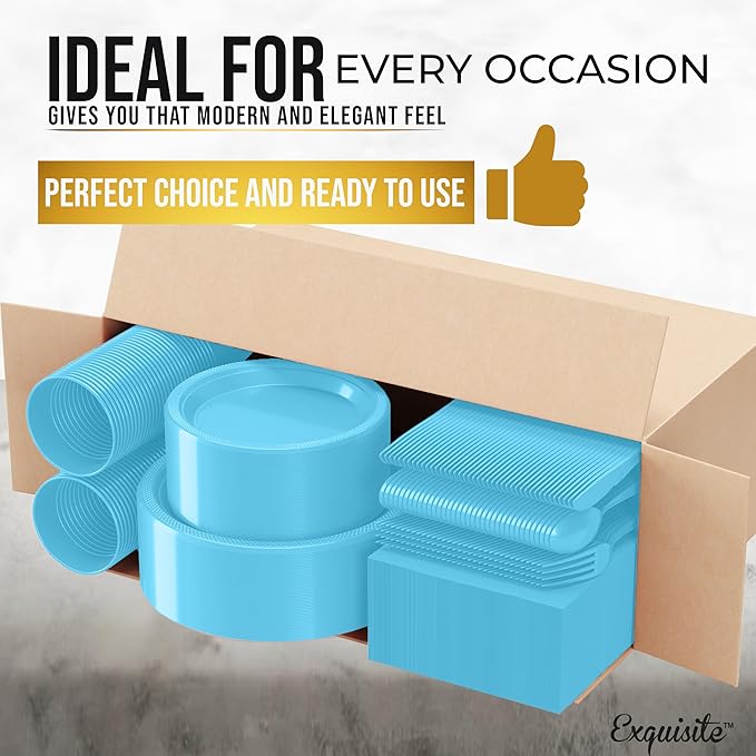 Party Solids 350 Pieces Light Blue Plastic Plates For Party, Light Blue Disposable Plates Set, 50 Of Each 9" Dinner Plate Set, 7" Dessert Plate, Cups, Napkins & Cutlery Plastic Dinnerware