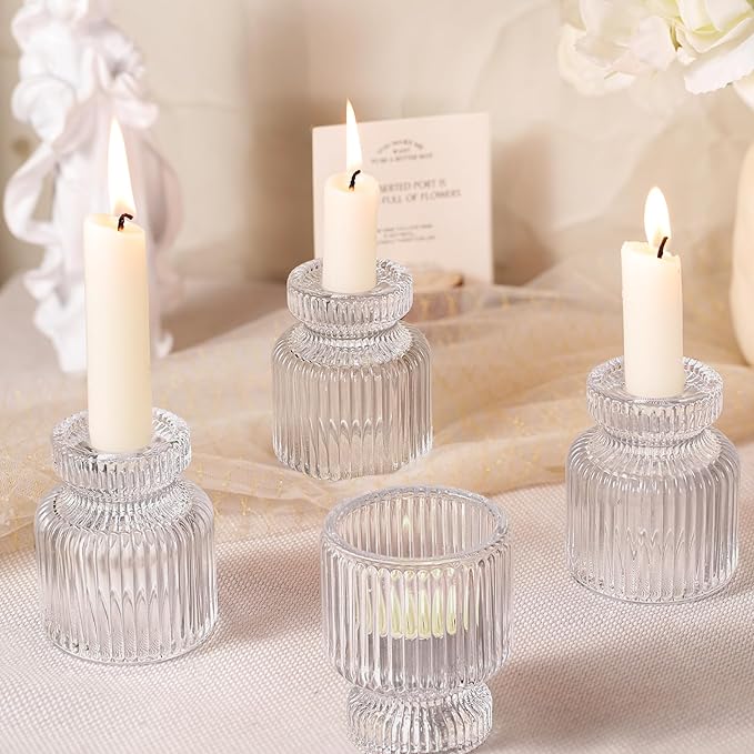 DARJEN 12 Pcs Glass Candlestick Holders- Clear Taper Candle Holders Tealight Votive Candle Holders for Table Centerpieces, Wedding, Dinner Party, Home Decor