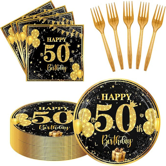 50th 7 inch Birthday Party Paper Plates and Napkins Forks 60 pcs Black Gold Decorations for Boys Girls Tableware Set for Birthday Anniversary Party Supplies,Serve 20
