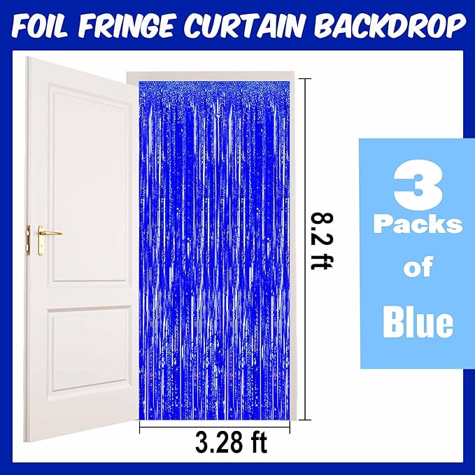 3 Pack Blue Foil Fringe Curtains Backdrop, 3.28 x 8.2 Ft Metallic Streamers Tinsel Curtains Background for Photo Booth, Birthday, Christmas, Halloween, Thanksgiving, New Year Party Decorations