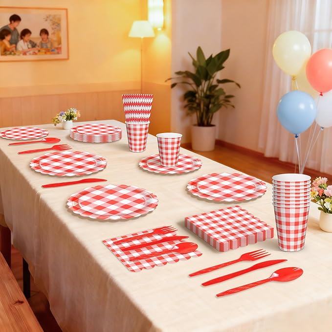 192 PCS Gingham Party Supplies Serve 24 Guests Gingham Plates and Napkins and Cups for Birthday Decorations Baby Shower Checkered Party Dinnerware Sets for Girl Boy Light Red Christmas