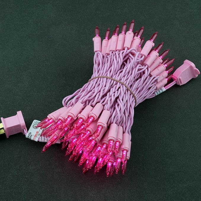 YULETIME Pink LED Christmas Lights with Pink Wire, 33 ft 100 Count UL Certified Commercial Grade Holiday String Light Set