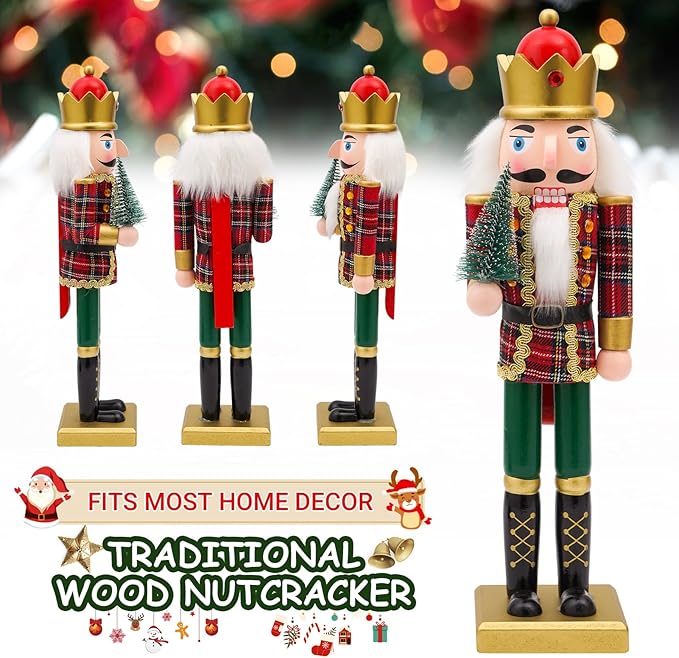 14" Wooden Christmas Tree Nutcracker, Festive Christmas Decoration, Handcrafted Nutcracker Collectible Christmas Decor for Tabletop, Shelves, and Fireplace Mantel(Christmas Tree)