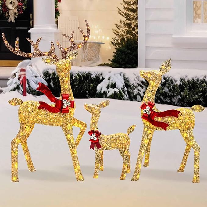 2025 New 3D 58 Inch Large Christmas Deer Family Set, 3-Piece Lighted Reindeer Decoration for Indoor Outdoor Front Yard Porch with 210 LED Jump Lights, Plug - Gold