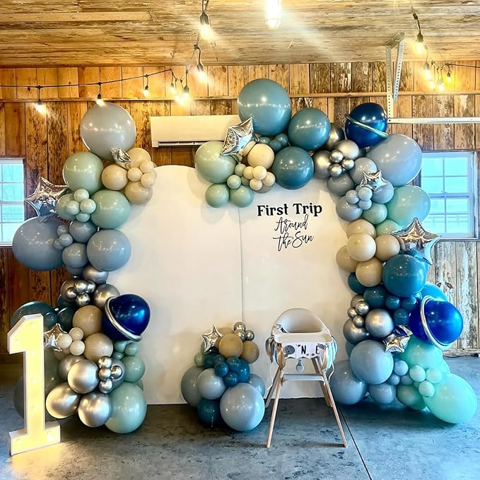 First Trip Around The Sun Balloons Arch Outer Space Astronauts Birthday Party Decorations Royal Blue Gray Beige Dusty Green White Gold Long Balloons Onyx Black Latex Helium Balloon
