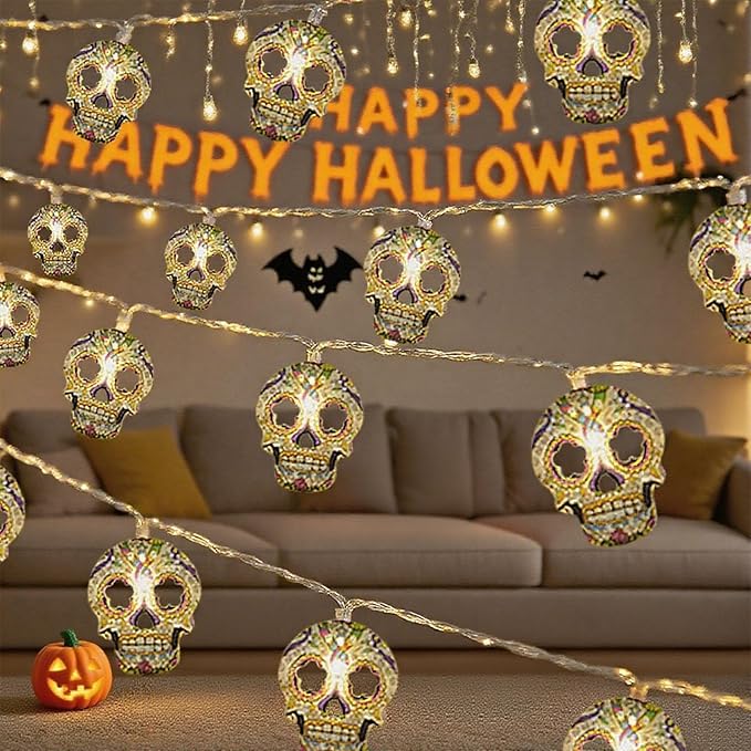 Halloween String Lights,15FT 30 LED Fairy Decor Lights USB & Battery Operated (Not Included) Cute Skull String Lights 2 Modes Waterproof Fall Light Decoration for 2025 Indoor Outdoor Home Party Garden
