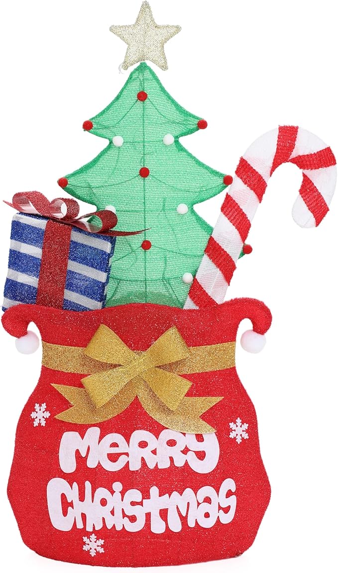 LuxenHome 3.5FT Lighted Christmas Outdoor Decorations, Colorful Santa's Gift Bag Indoor & Outdoor Holiday Yard Decor with 60 LED Lights, Plug-in Xmas Ornament for Holiday, Porch, Lawn, Garden Display
