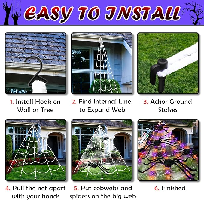 23Ft Light Up Spider Web Halloween Decorations Outdoor, 180 Orange and Purple LED Giant Web, 24 Spiders & 60g Stretch Cobweb Decor, 8 Modes Scary Lights for Outdoor Yard