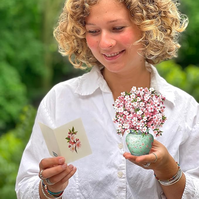 Freshcut Paper Pop Up Cards, Mini Cherry Blossoms, 6 Inch Mini Sized Forever Flower Bouquet 3D Popup Greeting Cards, Birthday Cards, Valentine's Day Card, Blank Notecard & Envelope