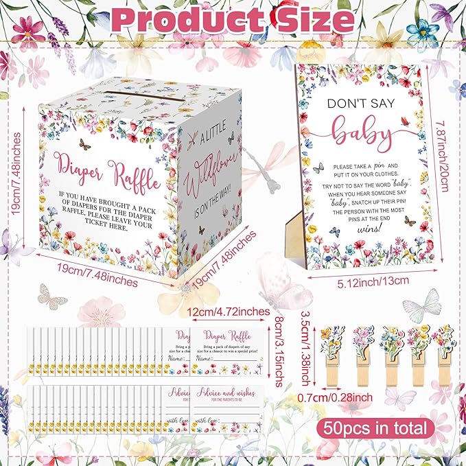 102 Pcs Baby Shower Game Supplies Diaper Raffle Tickets with Diaper Raffle Card Box Don't Say Baby Sign Mini Clothespin Baby Shower Game Decor for Baby Shower Gender Reveal(Wildflower)