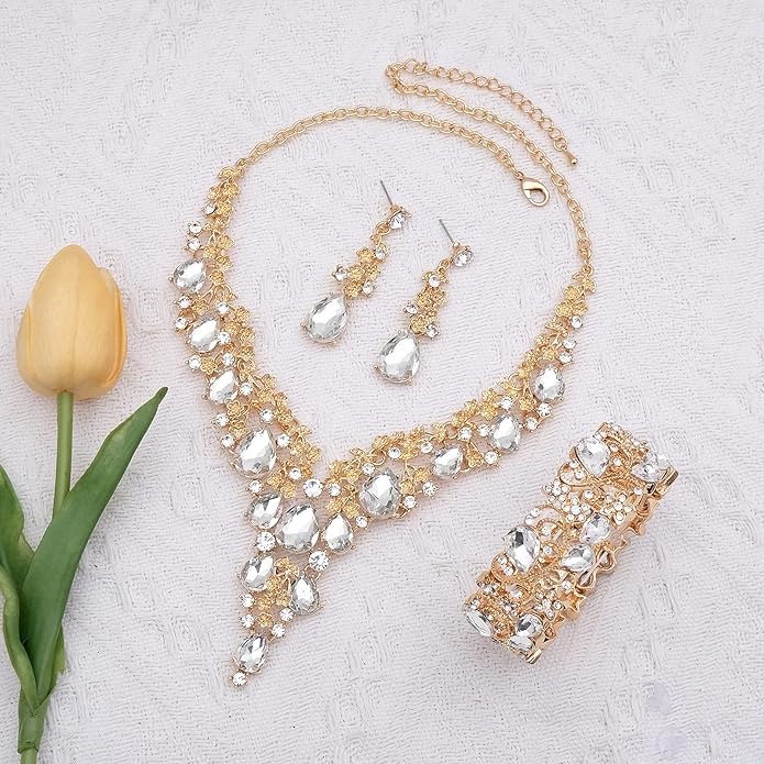 CSY Elegant Crystal Costume Jewelry Sets Flower Bridal Necklace Earrings Stretch Bangle Set for Bride Bridesmaid Wedding Dress Accessories