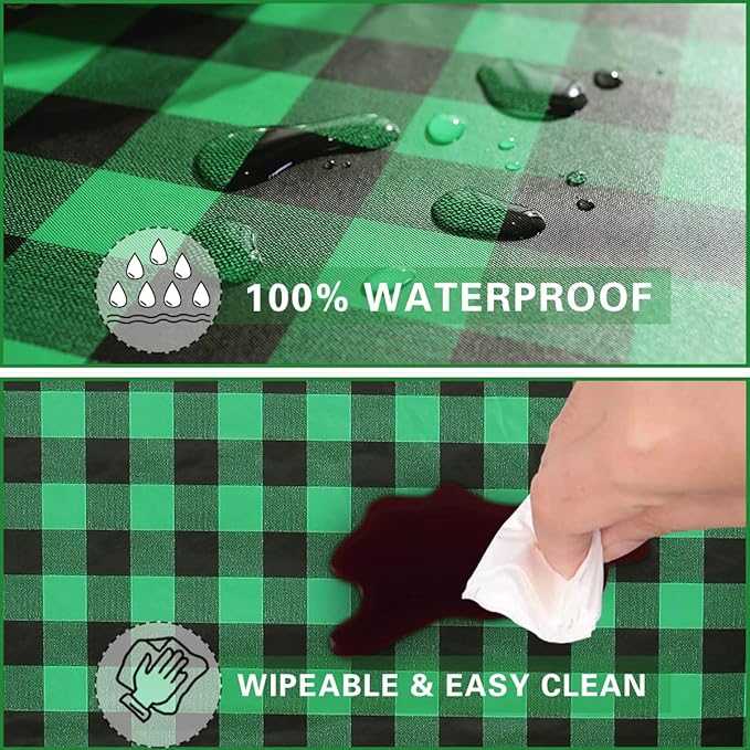 Round Checkered Vinyl Christmas Tablecloth with Flannel Backing 70 Inch, Waterproof Wipe Clean Buffalo Plaid Plastic Table Cloth, Heavy Table Cover for Party, Indoor, Outdoor, Green and Black
