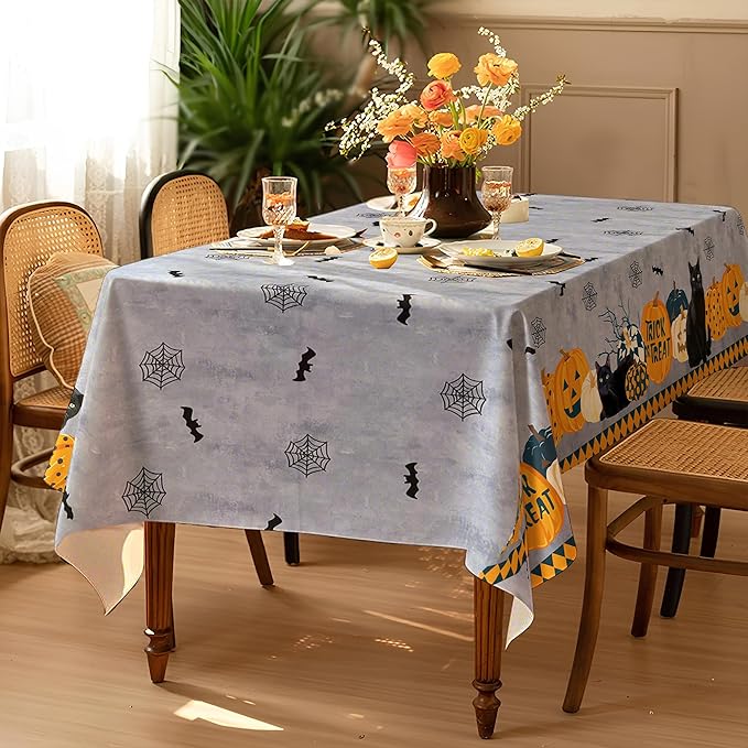 Halloween Waterproof Tablecloth – Spooky Pumpkin, Black Cat, Bat & Spider Web Design – Gray Holiday Table Cover for Party, Dining, and Home Decor, W60 x L102 in