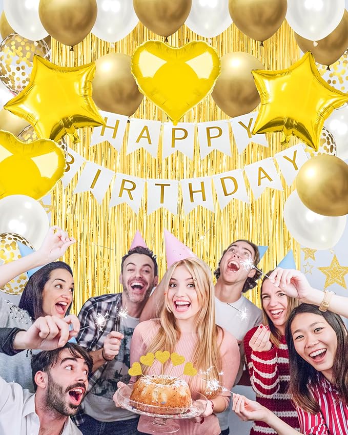 Golden Happy Birthday Party Decorations, Happy Birthday Banner, Gold Foil Heart Star Confetti Balloons Curtain Backdrop Hanging Swirls Party Decor for Boys Men