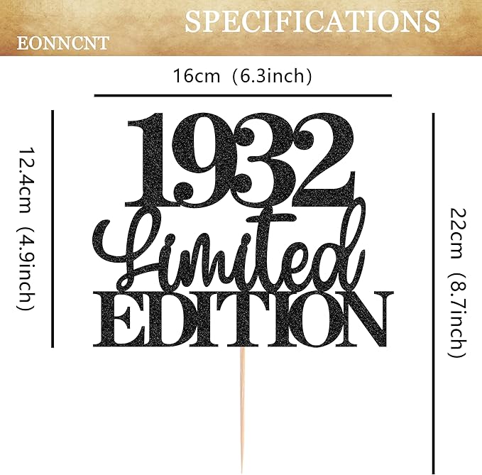 Limited EDITION 1932 Cake Topper - Black Glitter Happy 93rd Birthday Party Cake Decoration Supplies, Cheer to 93 Years Cake Bunting Decor for 93rd Birthday Party Photo Booth Props