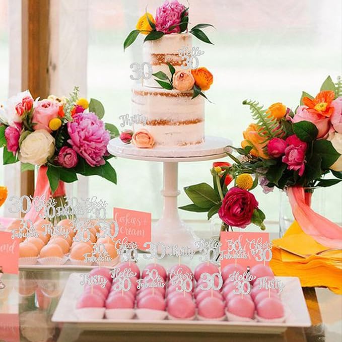 30PCS Happy 30th Birthday Cupcake Toppers Glitter Thirty Cheers to 30 Years Old Birthday Cupcake Picks Hello 30 Fabulous Cake Decorations for Happy 30th Birthday Anniversary Party Supplies Silver