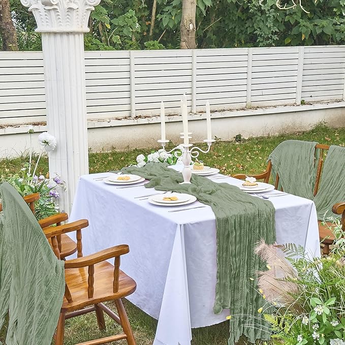 IVAPUPU 2 Pcs Cheesecloth Table Runner - 10ft Sage Green Boho Gauze Cheese Cloth Table Runners for Baby Shower Decoration Wedding Party Summer Garden Farmhouse