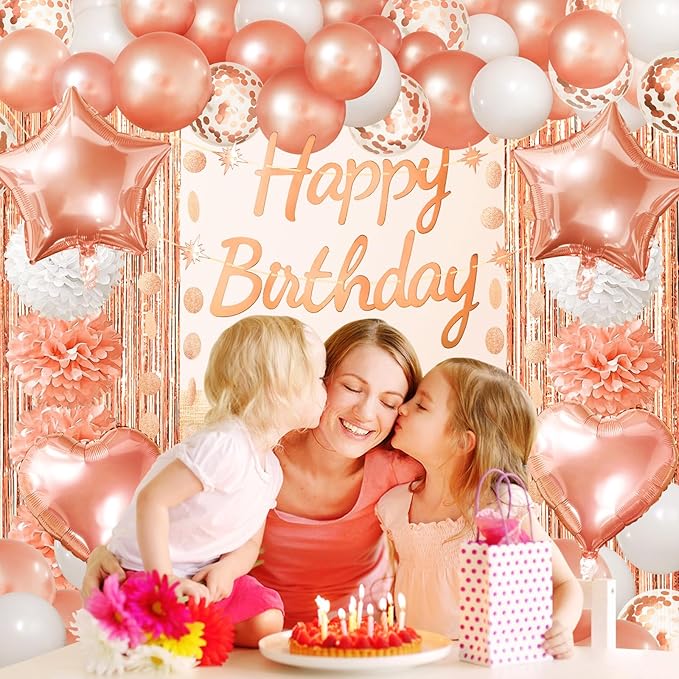 ZERODECO Rose Gold Birthday Party Decorations, Happy Birthday Banner Rose Gold Fringe Curtain Paper Pompoms Foil Confetti Balloons for Women Girls Princess Party