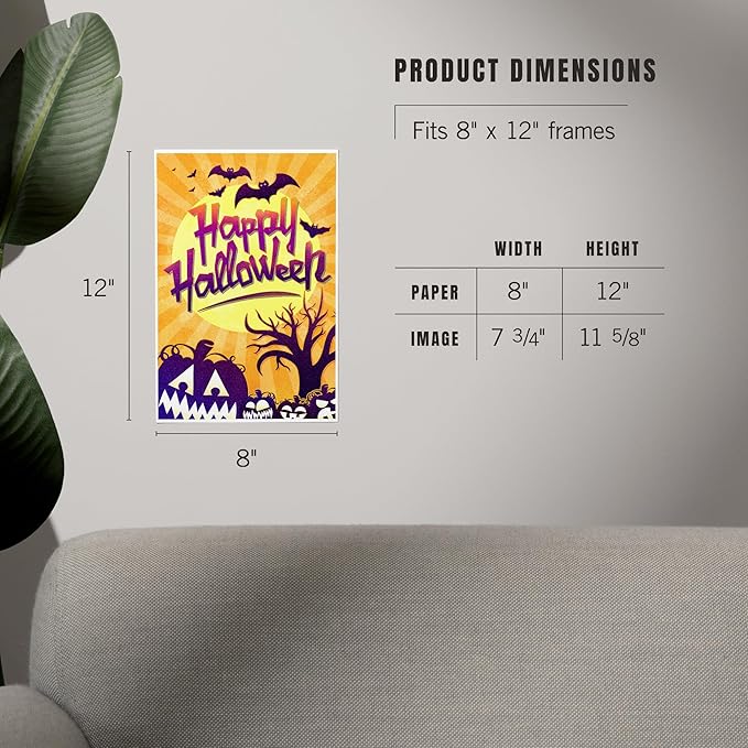 Lantern Press 8x12 Inch Art Print Wall Decor, Happy Halloween, Bats and Pumpkins