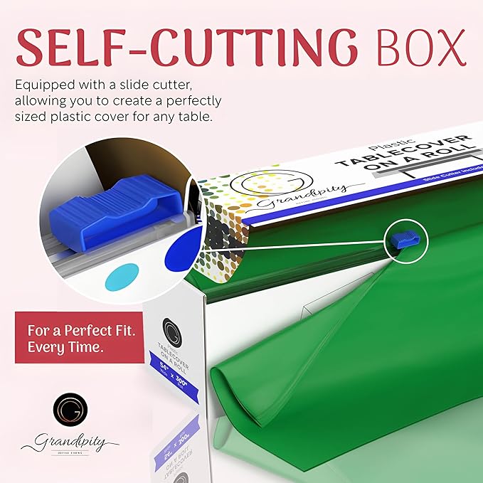 Grandipity Plastic Tablecloth Roll - 54in x 300 Ft. Green Plastic Table Cloths for Parties Disposable with Cutter Box - Cut to Size Disposable Tablecloth Table Cover for Rectangle & Round