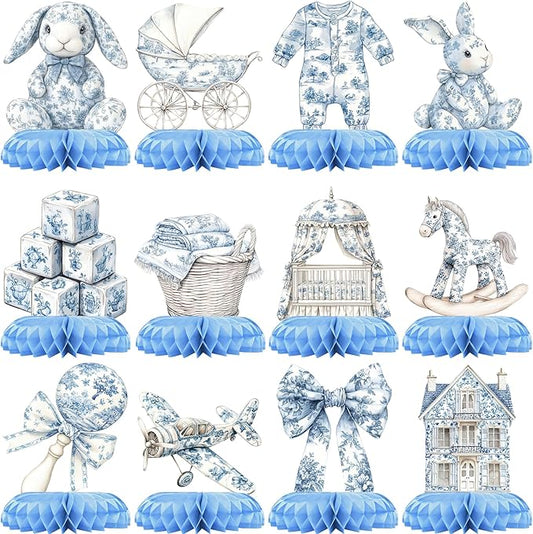 Blue Toile de Jouy Baby Shower Table Centerpieces – 12 PCS Classic French Nursery Honeycomb Decorations, Vintage Blue & White Boy Shower Table Décor