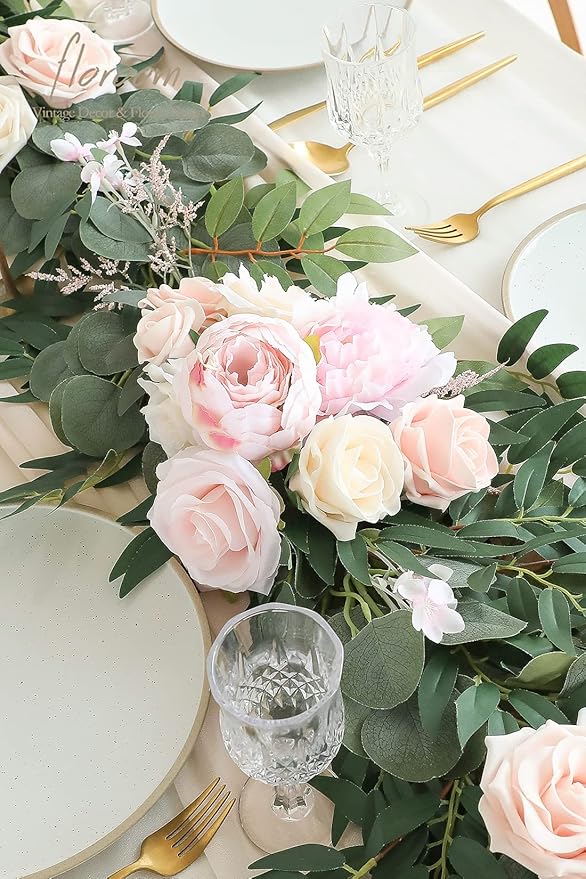 Floroom 6ft Artificial Eucalyptus Garland with Flowers Fake Greenery Faux Floral Vine Garland for Table Decor Wedding Centerpieces Bridal Shower Party Decorations, Blush & Cream