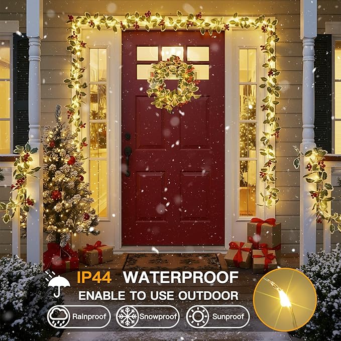 suddus 40 LED Christmas Fairy Lights Battery Powered,12.5ft Vine String Lights with Red Berries & Holly Leaf Timer Remote, Artificial Garlands for Fireplace, Bedroom,Porch,Door,Table,Stairs,Xmas Decor