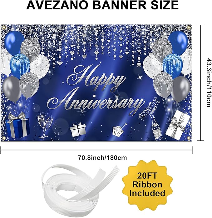 Avezano Happy Anniversary Banner Glitter Happy Anniversary Decorations for Wedding Bridal Shower Party Decorations 70.8 x 43.3 Inch (Blue and Silver)