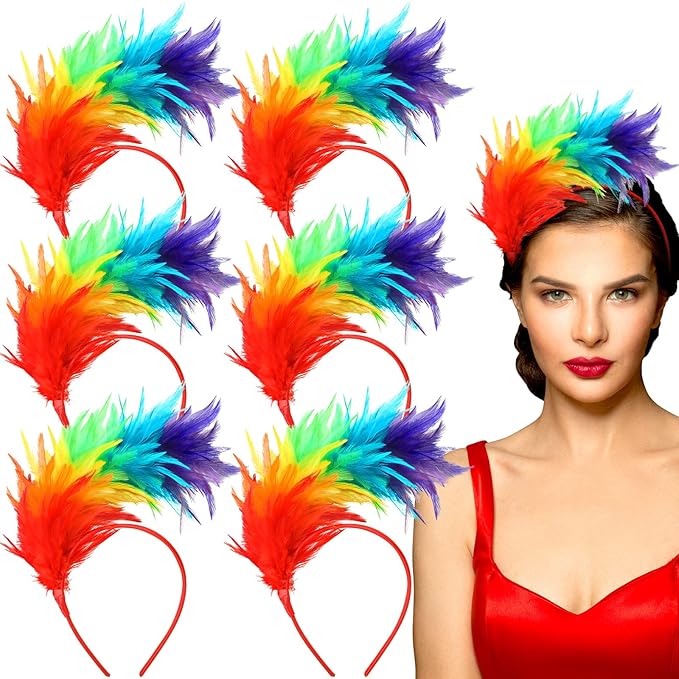 Yunlly 6 Pcs Mardi Gras Fascinator Feather Headband 1920 Feather Headband Hat Parrot Hair Band Party Costume Women Accessory(Rainbow)